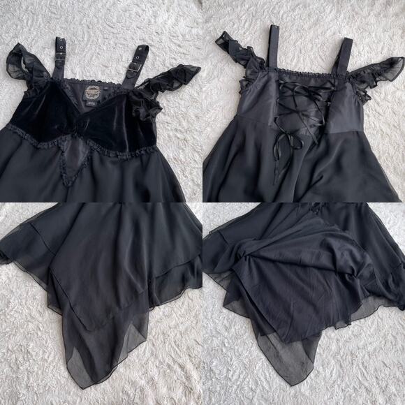 Funhouse gothic corset lace-up midi‎ dress ruffle buckle sleeve whimsigoth goth - Picture 11 of 15